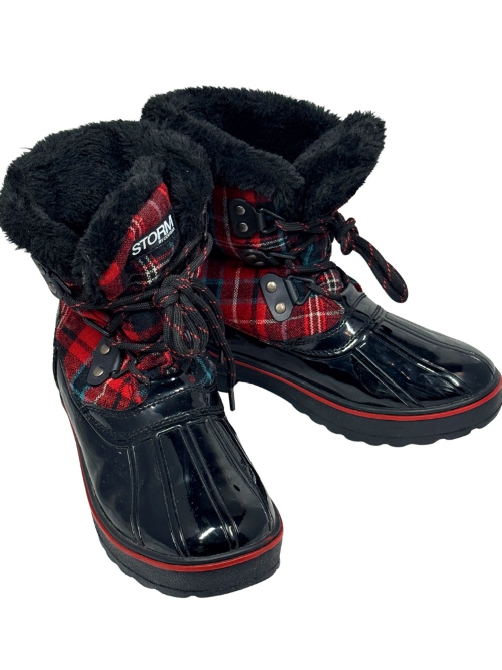 Storm by Cougar Alpen Women's Sz 7M Duck Boots Black Red Plaid Faux Fur Lined - Picture 4 of 4